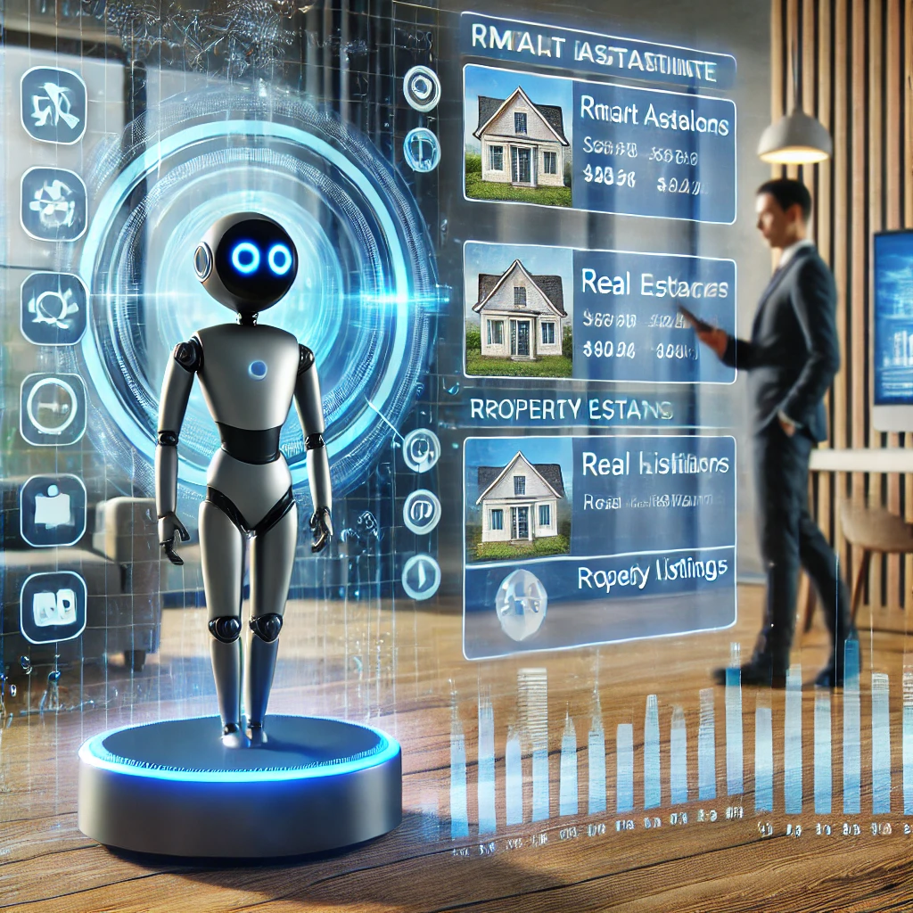 A futuristic smart home with voice-controlled assistants managing real estate functions in Dubai